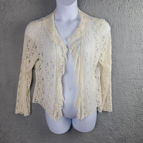 J Jill Ivory Stretch Lace Open Cardigan Large Romantic Fairycore Boho Sheer Y2K - Picture 8 of 12